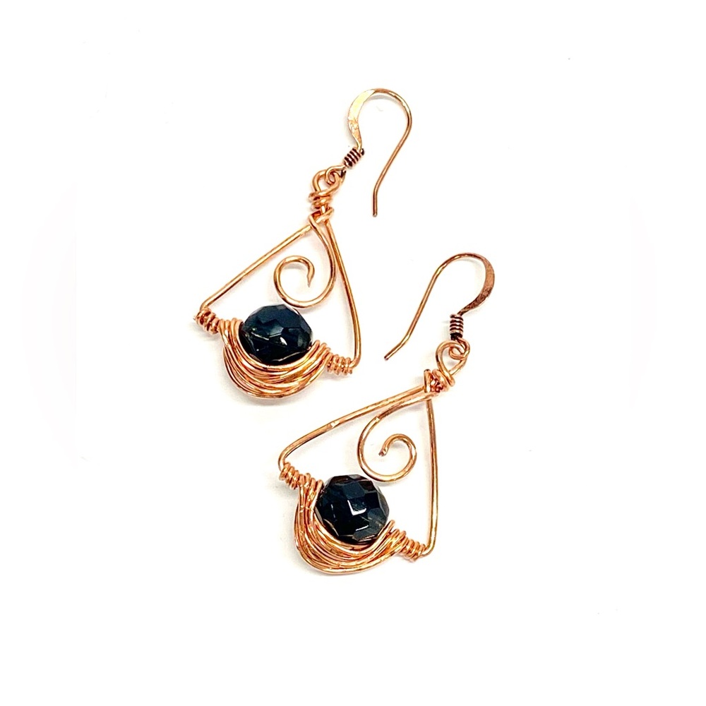 HANDMADE Vintage Faceted Glass Bead HandWrapped Pure Bare Copper Modern Earrings